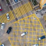 a top-down view of a busy city intersection