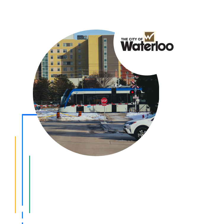 bus, car, and traffic light on street in circle image with color lines