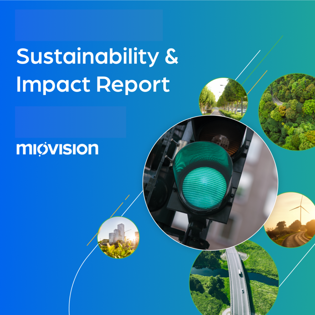 A cover for the 'Sustainability & Impact Report' by Miovision, featuring a blue-to-green gradient background with circular images of a green traffic light, forest landscapes, wind turbines, a cityscape, and a winding road.