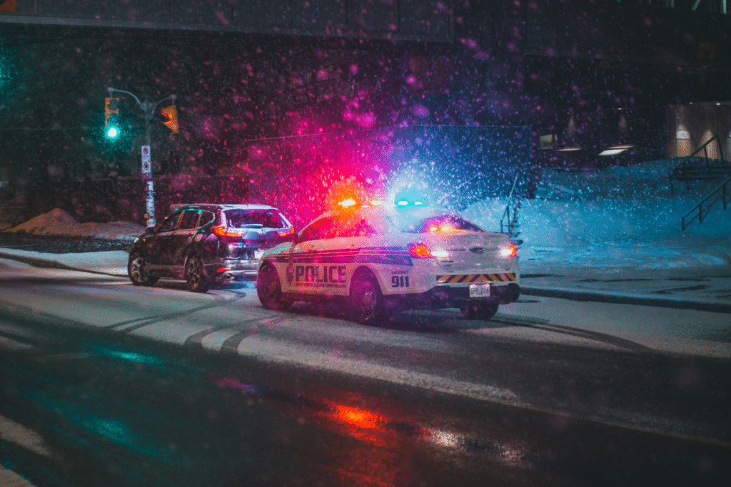 A police cruiser with its lights on, pulling an SUV over at a snowy intersection.