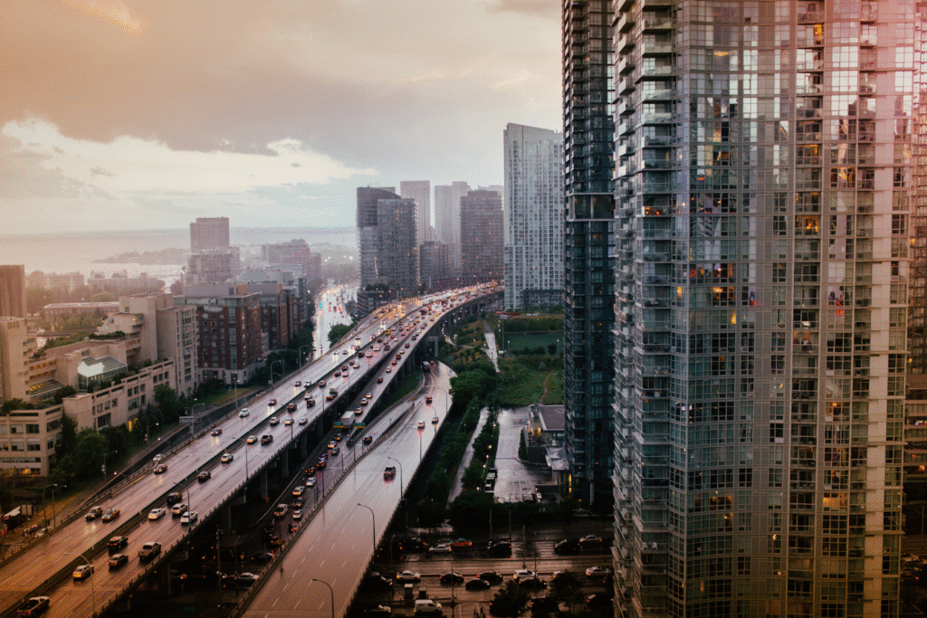 Traffic moving along the Gardiner Expressway in downtown Toronto.