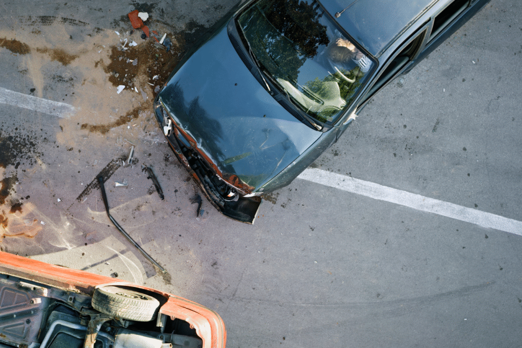A car crash, with one of the cars on its roof.