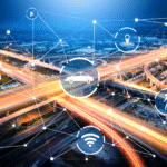 Smart technology concept with icons showing parts of an urban freeway.