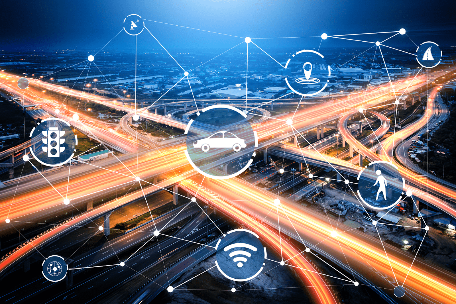Smart technology concept with icons showing parts of an urban freeway.