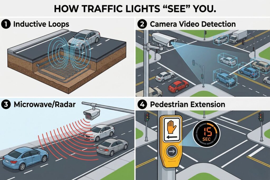 Infographic showing four detection methods: (1) inductive loops, (2) camera video detection, (3) microwave/radar, and (4) a pedestrian push button extending crossing time 