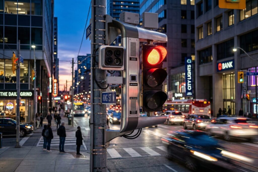Modern traffic signal with built-in sensors and cameras showing a red light at a busy city intersection at dusk