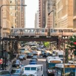 A congested downtown core during rush hour.