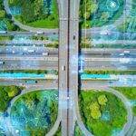 A bird's-eye view of a freeway with intelligent transportation tech in action.