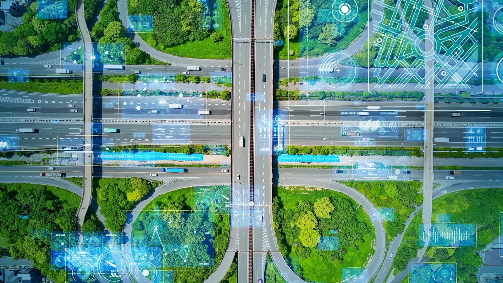 A bird's-eye view of a freeway with intelligent transportation tech in action.