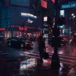 A wet intersection at night near an urban center with pedestrians and cars crossing through.
