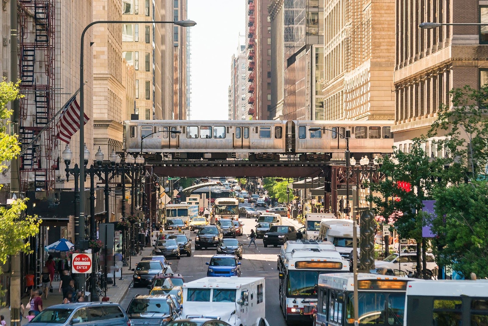 A congested downtown core during rush hour.