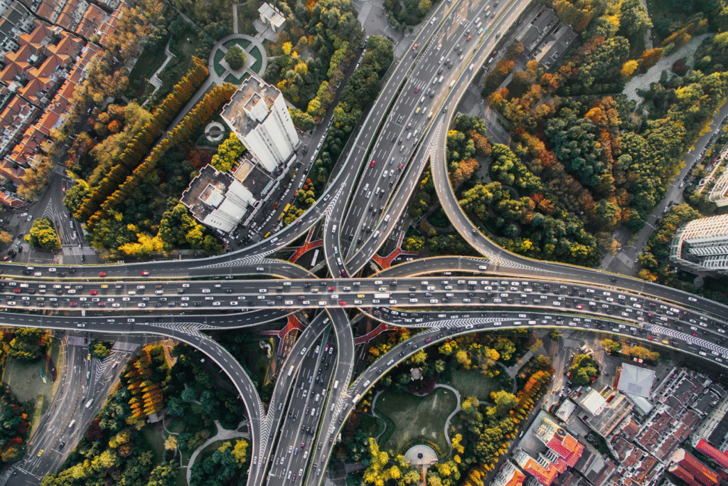 Multiple lanes crossing over a major freeway
