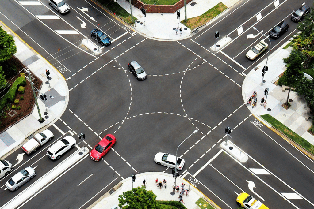 An aerial view of a four-way intersection