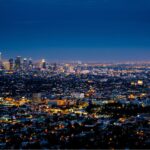 An aerial view of a city at night