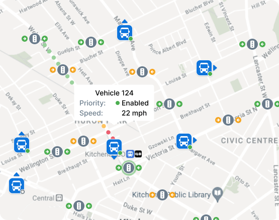 A digital map showing bus locations and traffic signals