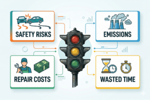 A diagram illustrating the various hidden costs associated with outdated traffic systems, including safety and emissions