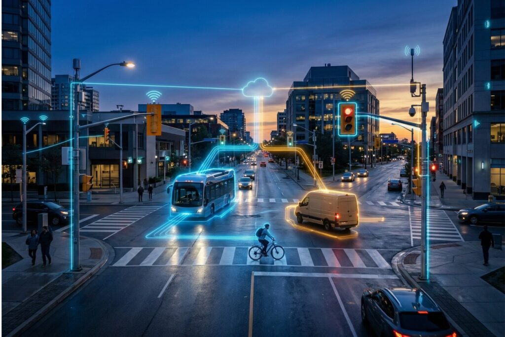 A high-tech city intersection at dusk with digital data lines connecting various vehicles and traffic signals