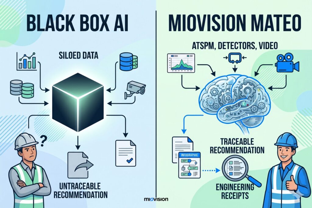 Black Box AI that provides a non-traceable result compared against Mateo’s traceable recommendation linked to raw source data