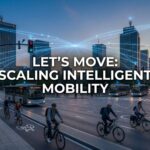 A high-tech urban intersection at dusk with glowing data connections and multimodal transport.