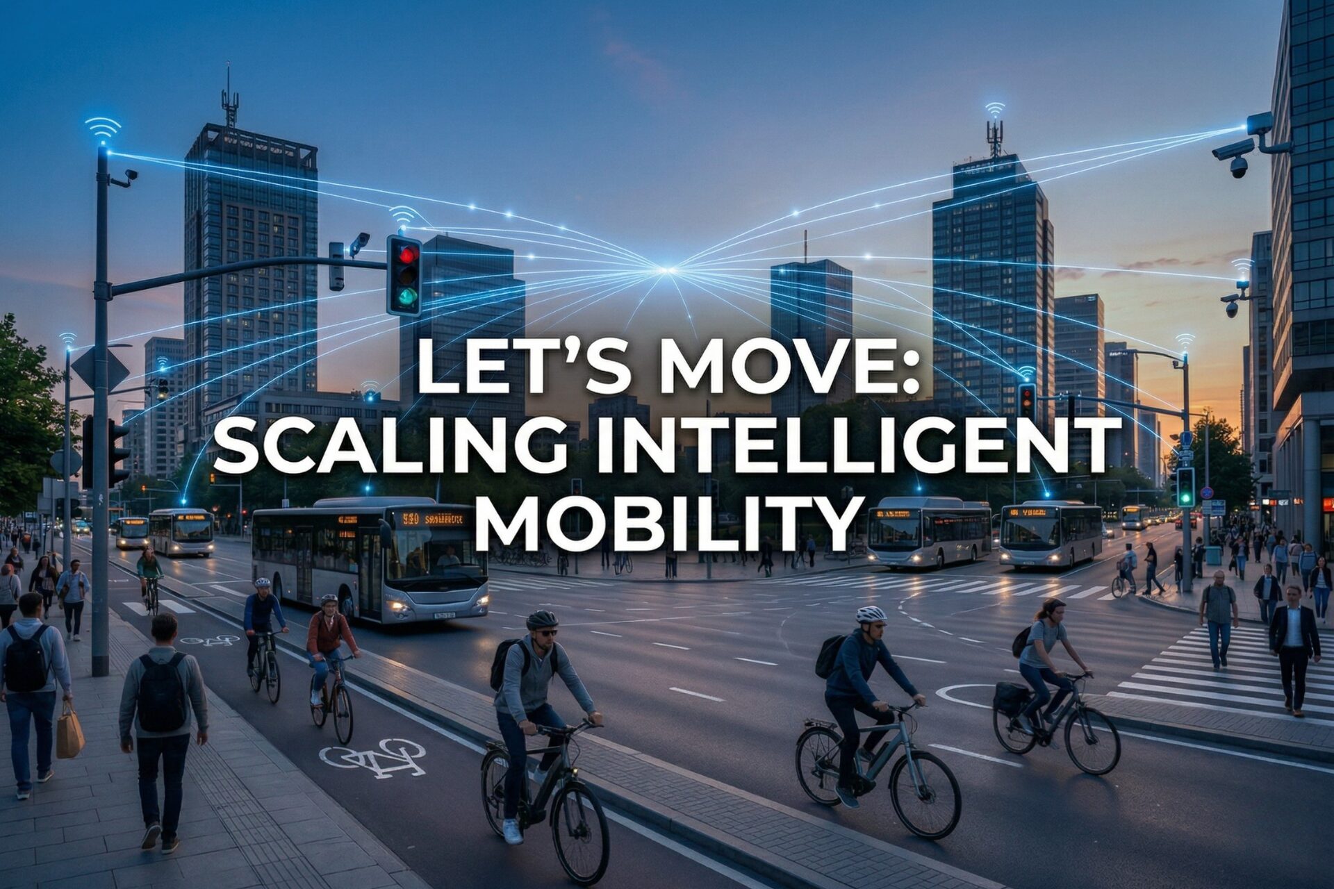 A high-tech urban intersection at dusk with glowing data connections and multimodal transport.