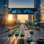 An optimized urban intersection with dynamic blue waves and smart city technology visuals