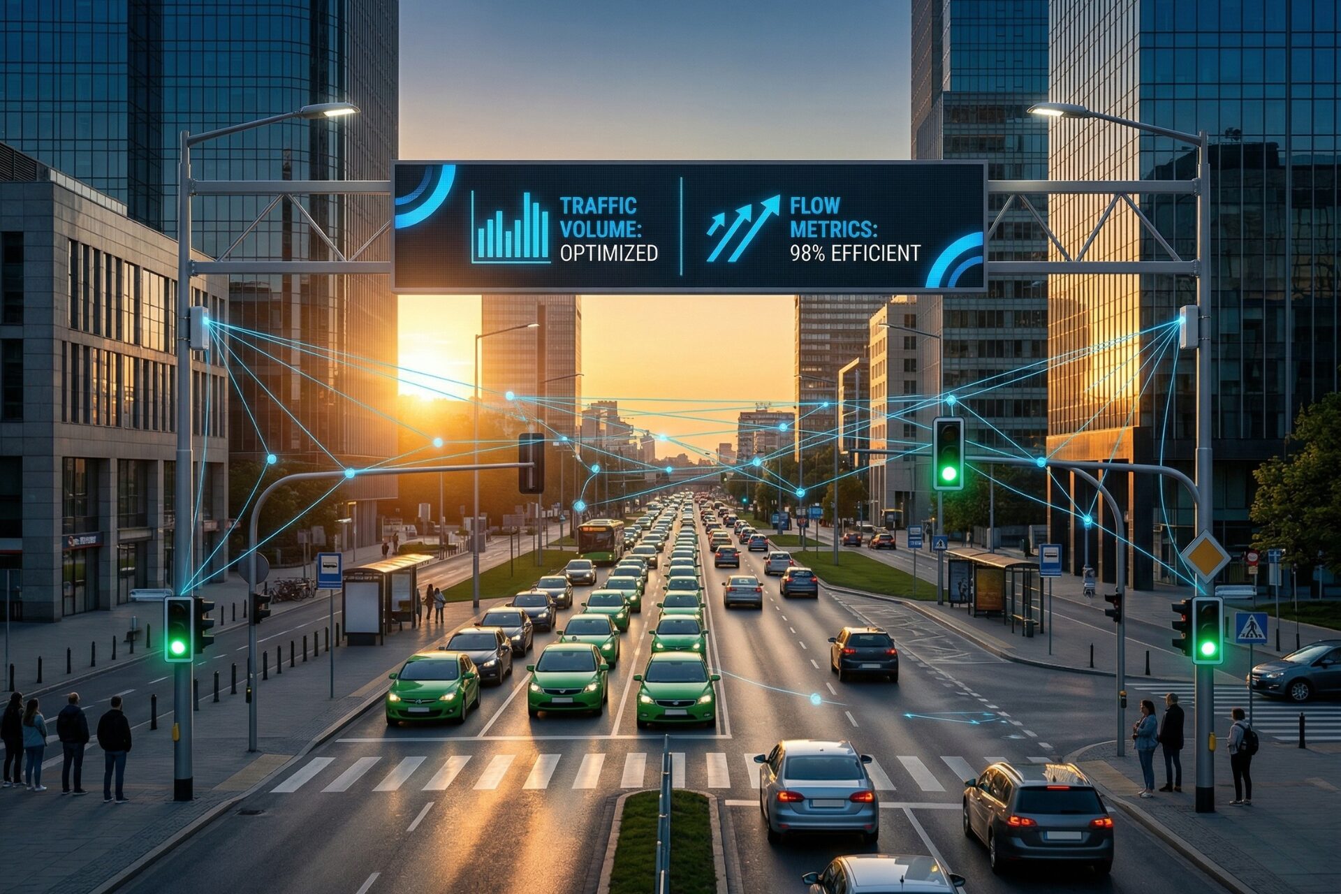 An optimized urban intersection with dynamic blue waves and smart city technology visuals