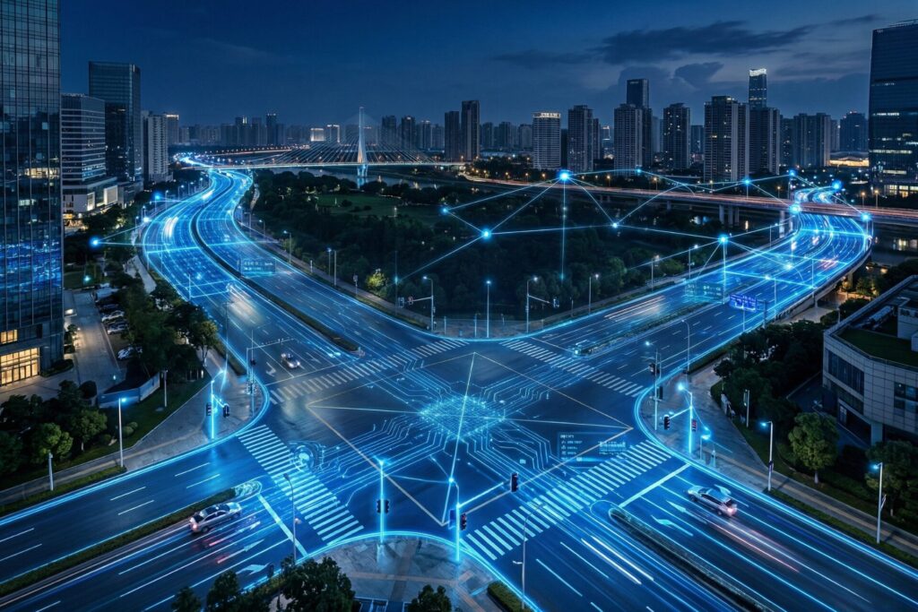 Cityscape with glowing smart traffic infrastructure highlighted as the smart city foundation