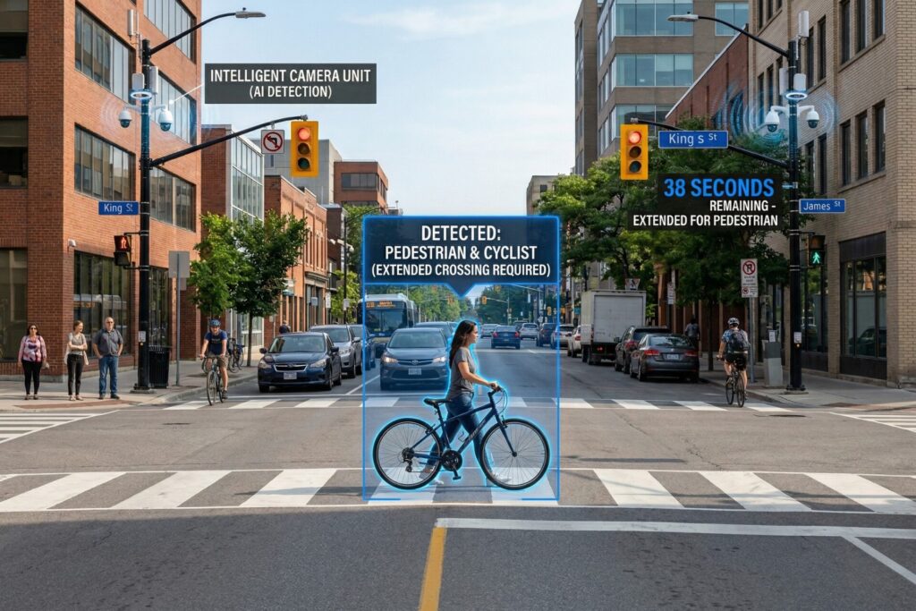 Smart intersection using video detection to dynamically extend a pedestrian crossing light for a vulnerable user