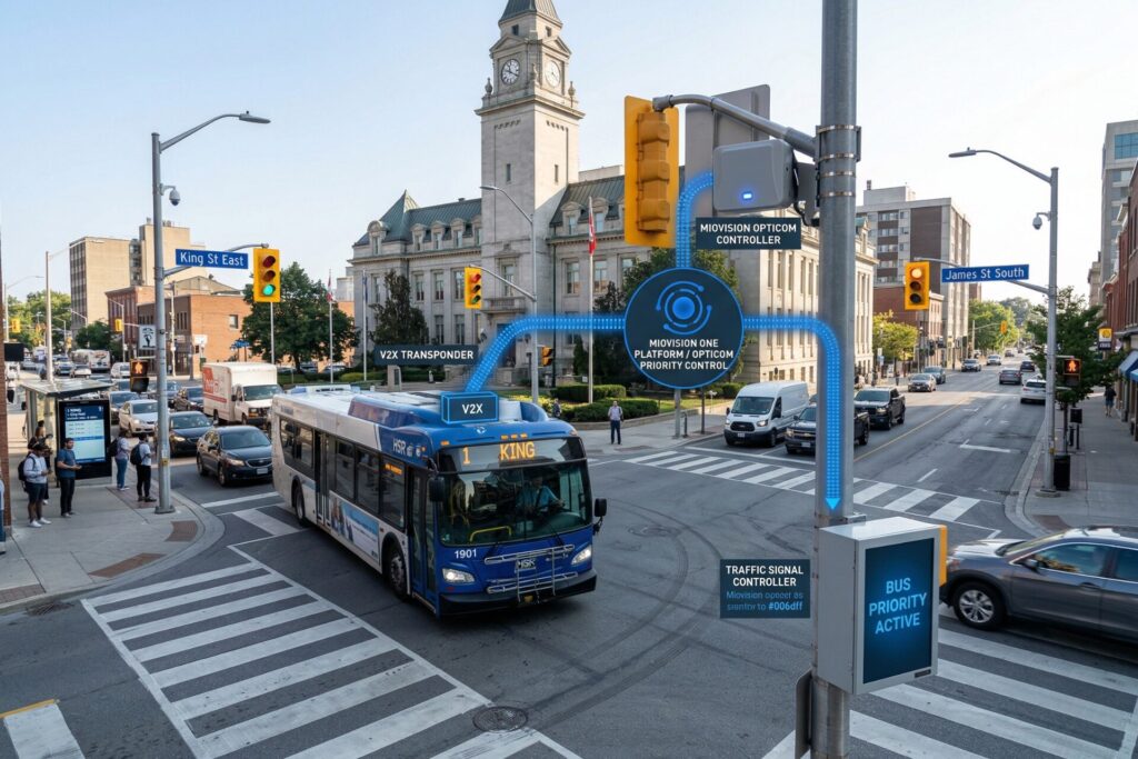 A city intersection with a bus driving through, equipped with digital overlays illustrating connected traffic technology