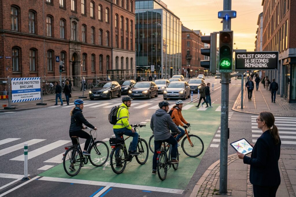 Cyclists wait in a bike lane at sunset, facing a traffic light and a countdown sign