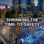 A high-tech city intersection using AI to track traffic flow and pedestrian safety paths