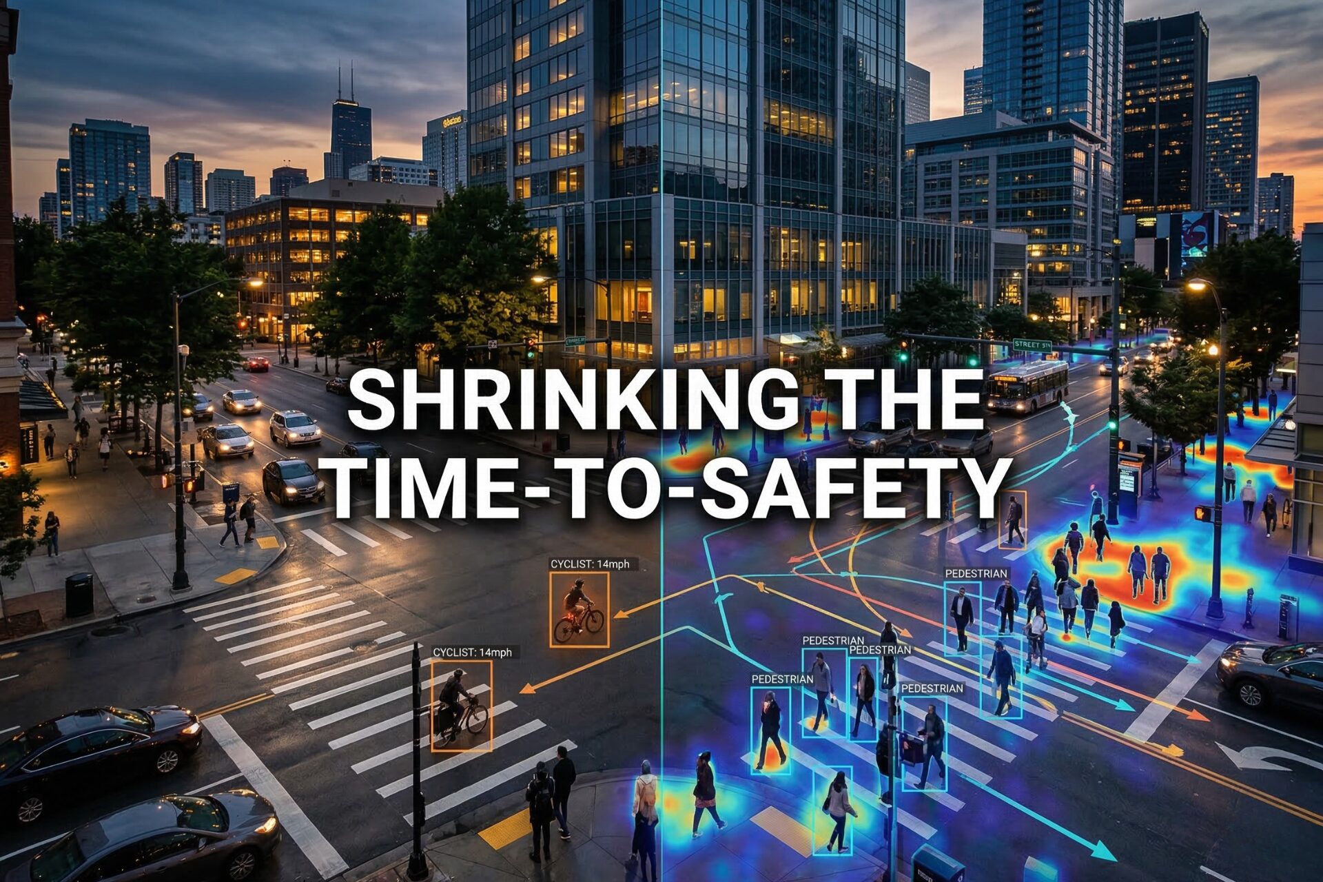 A high-tech city intersection using AI to track traffic flow and pedestrian safety paths