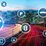 High-angle view of a smart city street with an abstract, multi-layered glowing digital data network overlay representing an intelligent transportation technology stack