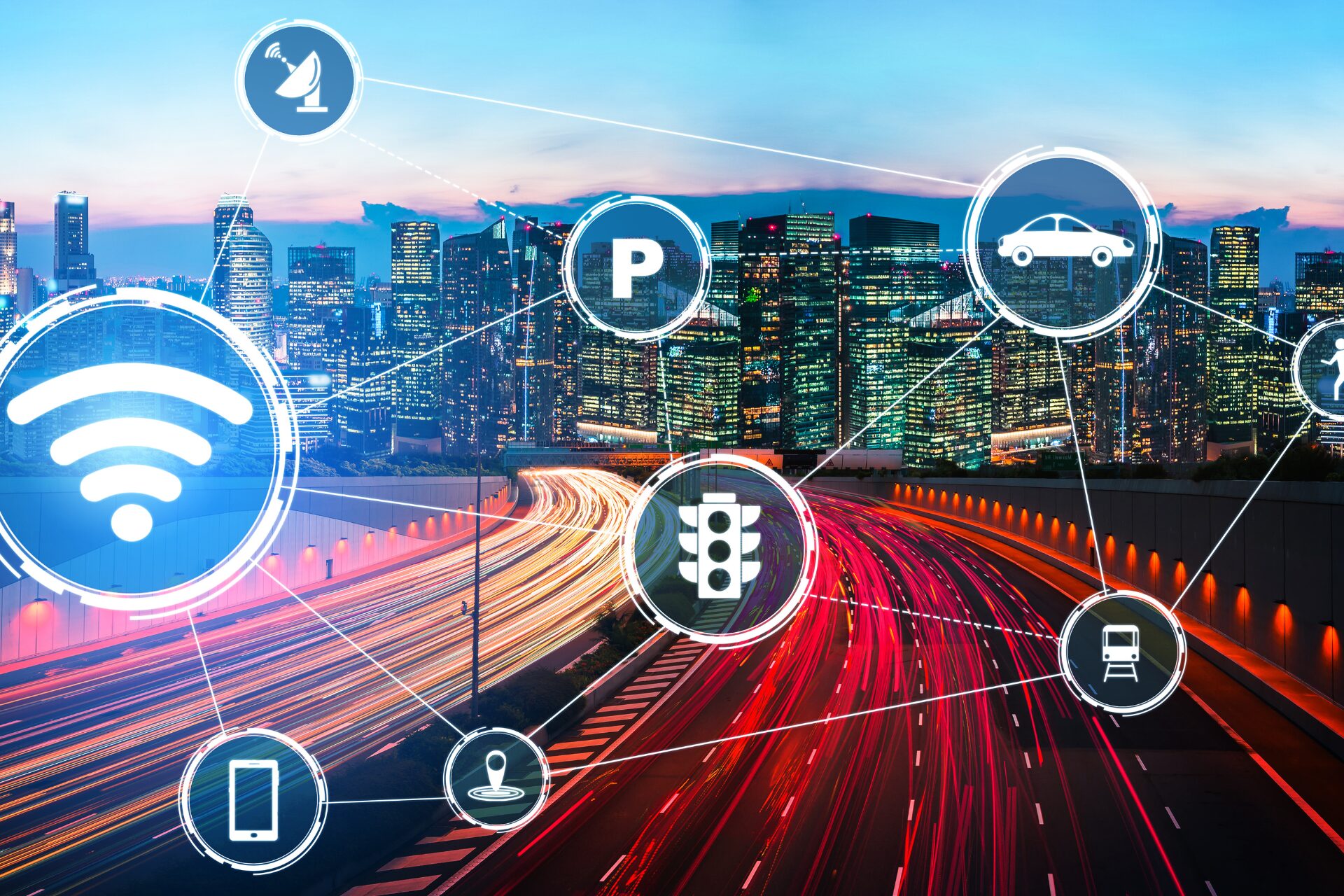 High-angle view of a smart city street with an abstract, multi-layered glowing digital data network overlay representing an intelligent transportation technology stack