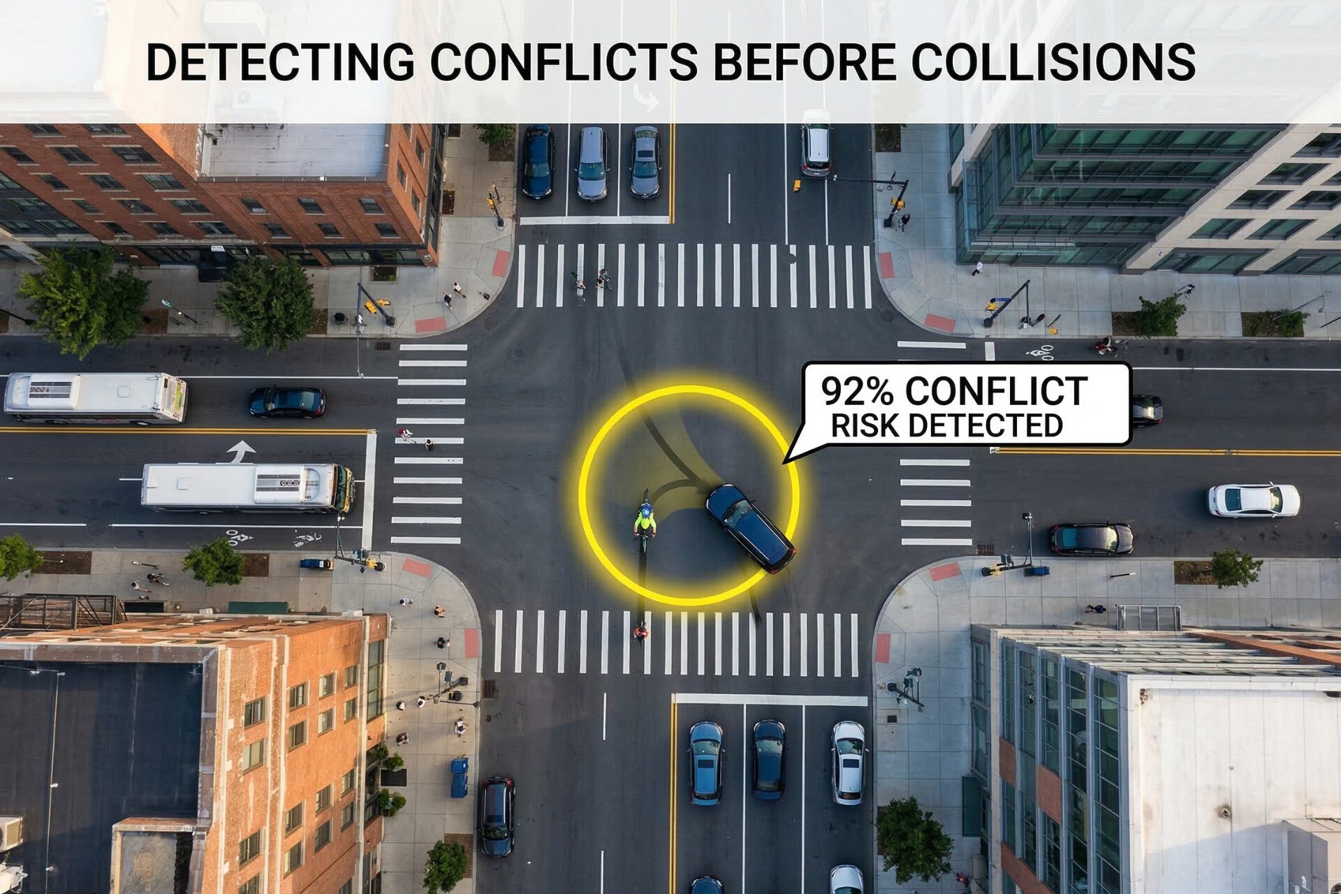 Top-down view of an intersection with AI-detected conflict zones between cars and pedestrians