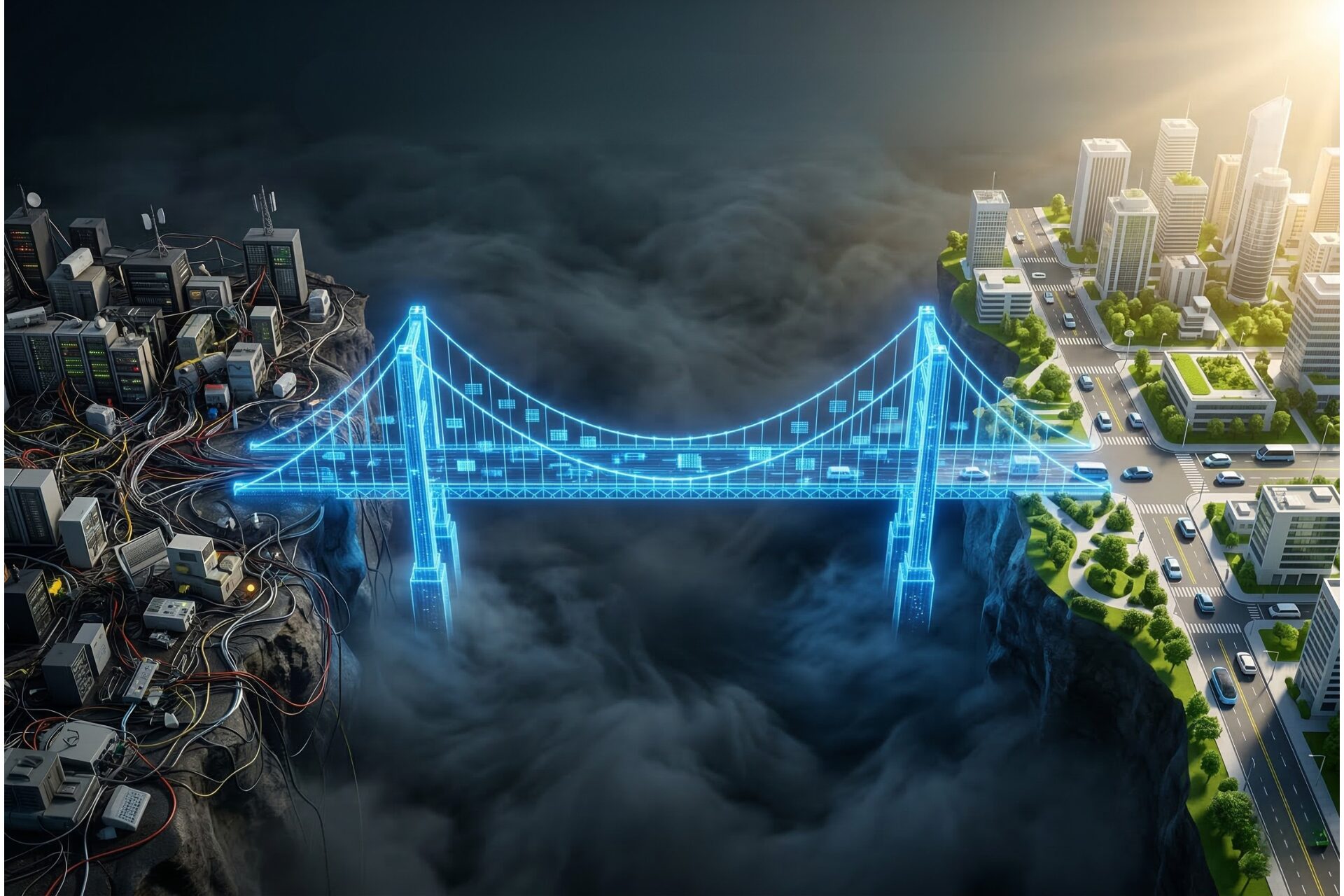 A futuristic digital bridge connecting raw data elements to a clean and organized smart city skyline